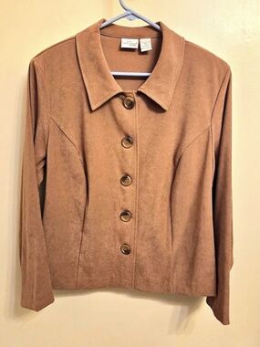 Kim Rogers Western Boho Faux Suede Brown Shacket 16W Button Down Vintage Style